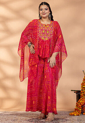 Bandhej Printed Georgette Tunic Set in Fuchsia