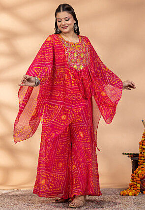Bandhej Printed Georgette Tunic Set in Fuchsia