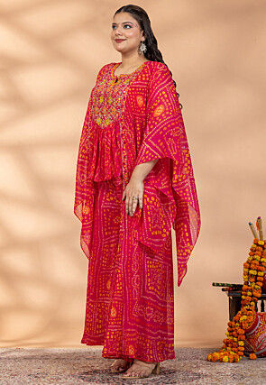 Bandhej Printed Georgette Tunic Set in Fuchsia