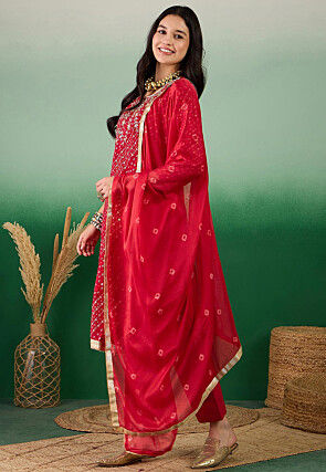 Bandhej Printed Jam Cotton Pakistani Suit in Red