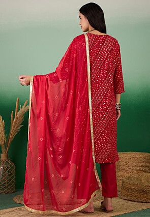 Bandhej Printed Jam Cotton Pakistani Suit in Red