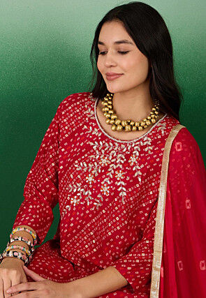 Bandhej Printed Jam Cotton Pakistani Suit in Red
