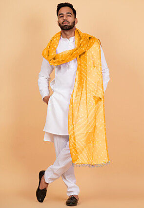 Bandhej Printed Kota Doria Dupatta in Mustard