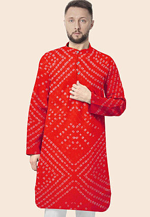 Bandhej Printed Kota Doria Kurta in Red