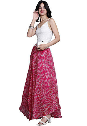 Bandhej Printed Kota Doria Skirt in Magenta