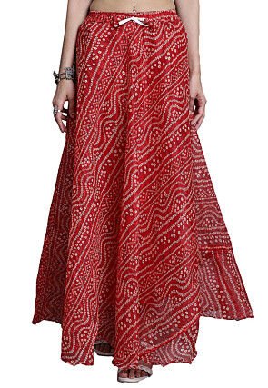 Bandhej Printed Kota Doria Skirt in Red