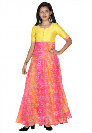 Bandhej Printed Kota Silk A Line Kurta in Pink and Yellow