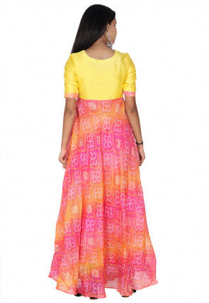 Bandhej Printed Kota Silk A Line Kurta in Pink and Yellow