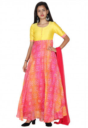 Bandhej Printed Kota Silk Abaya Style Suit in Pink and Yellow