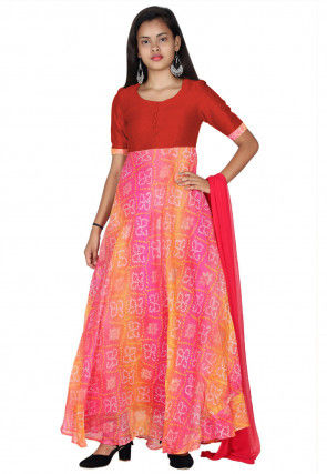 Bandhej Printed Kota Silk Abaya Style Suit in Pink and Orange