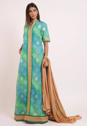 Bandhej Printed Kota Silk Abaya Style Suit in Shaded Green And Blue