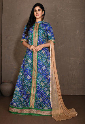 Bandhej Printed Kota Silk Abaya Style Suit in Teal Green and Blue