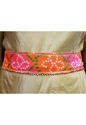 Bandhej Printed Kota Silk Adjustable Waist Belt in Shaded Pink and Orange