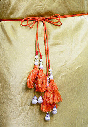 Bandhej Printed Kota Silk Adjustable Waist Belt in Shaded Pink and Orange