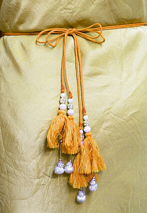 Bandhej Printed Kota Silk Adjustable Waist Belt in Yellow and Orange