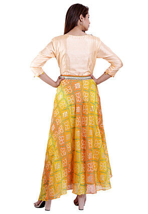 Bandhej Printed Kota Silk Asymmetric Kurta in Peach and Yellow