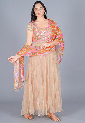Bandhej Printed Kota Silk Dupatta in Orange and Pink