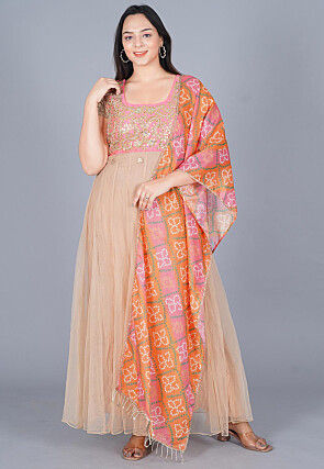 Bandhej Printed Kota Silk Dupatta in Orange and Pink