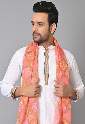 Bandhej Printed Kota Silk Dupatta in Orange and Pink