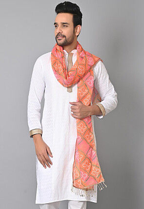 Bandhej Printed Kota Silk Dupatta in Orange and Pink