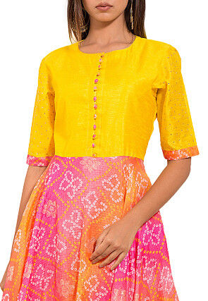 Bandhej Printed Kota Silk Gown in Yellow and Pink