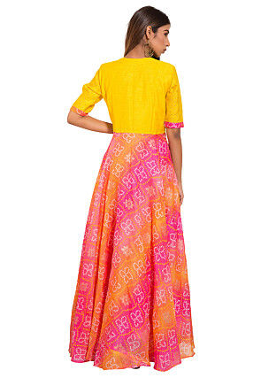 Bandhej Printed Kota Silk Gown in Yellow and Pink