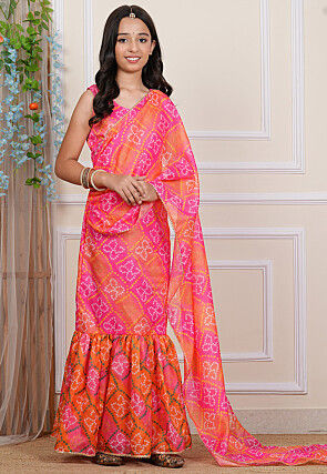 Bandhej Printed Kota Silk Gown with Attached Dupatta in Multicolor
