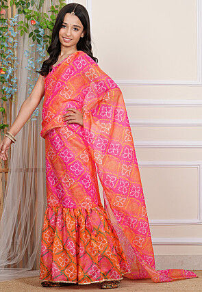Bandhej Printed Kota Silk Gown with Attached Dupatta in Multicolor