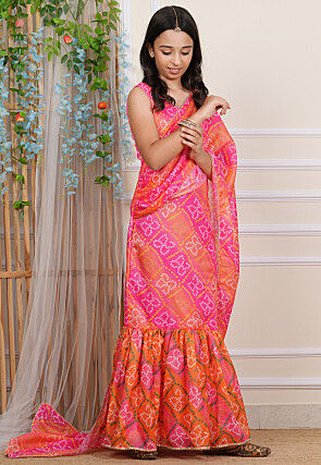 Bandhej Printed Kota Silk Gown with Attached Dupatta in Multicolor