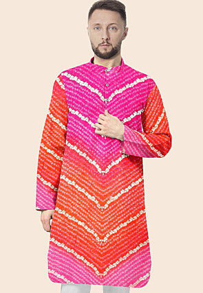 Bandhej Printed Kota Silk Kurta in Shaded Orange and Pink