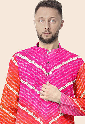 Bandhej Printed Kota Silk Kurta in Shaded Orange and Pink