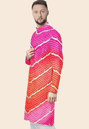 Bandhej Printed Kota Silk Kurta in Shaded Orange and Pink