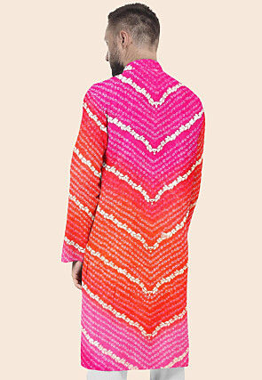 Bandhej Printed Kota Silk Kurta in Shaded Orange and Pink