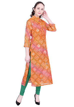 Bandhej Printed Kota Silk Kurta in Shaded Orange and Pink