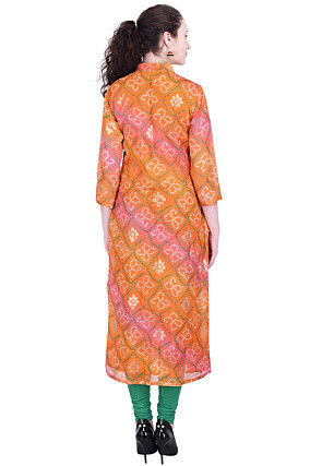 Bandhej Printed Kota Silk Kurta in Shaded Orange and Pink