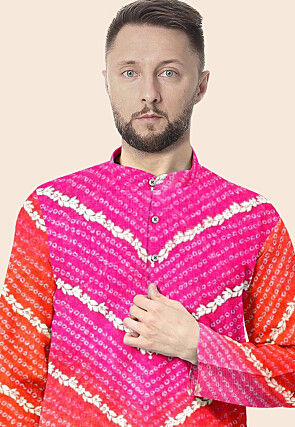 Bandhej Printed Kota Silk Kurta Set in Shaded Orange and Pink