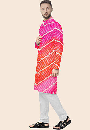 Bandhej Printed Kota Silk Kurta Set in Shaded Orange and Pink
