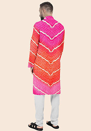 Bandhej Printed Kota Silk Kurta Set in Shaded Orange and Pink