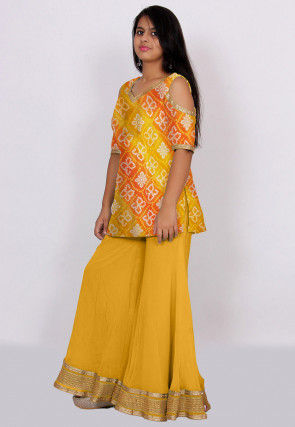 Bandhej Printed Kota Silk Kurti Set in Mustard and Orange