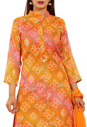 Bandhej Printed Kota Silk Pakistani Suit in Orange