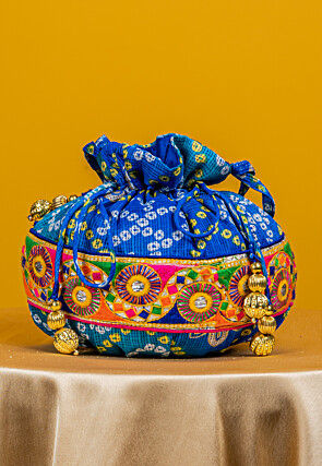 Bandhej Printed Kota Silk Potli Bag in Shaded Blue