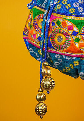 Bandhej Printed Kota Silk Potli Bag in Shaded Blue