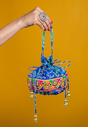 Bandhej Printed Kota Silk Potli Bag in Shaded Blue