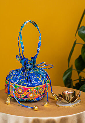 Bandhej Printed Kota Silk Potli Bag in Shaded Blue