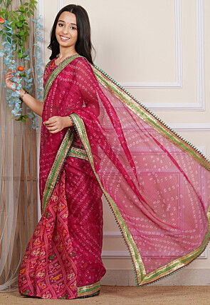 Bandhej Printed Kota Silk Saree in Fuchsia