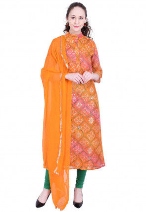 Bandhej Printed Kota Silk Straight Suit in Shaded Orange and Pink