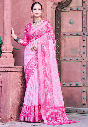 Bandhej Printed Linen Cotton Saree in Pink