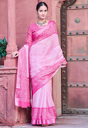 Bandhej Printed Linen Cotton Saree in Pink