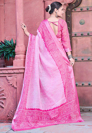 Bandhej Printed Linen Cotton Saree in Pink