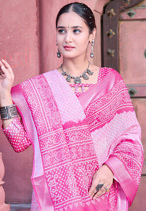 Bandhej Printed Linen Cotton Saree in Pink
